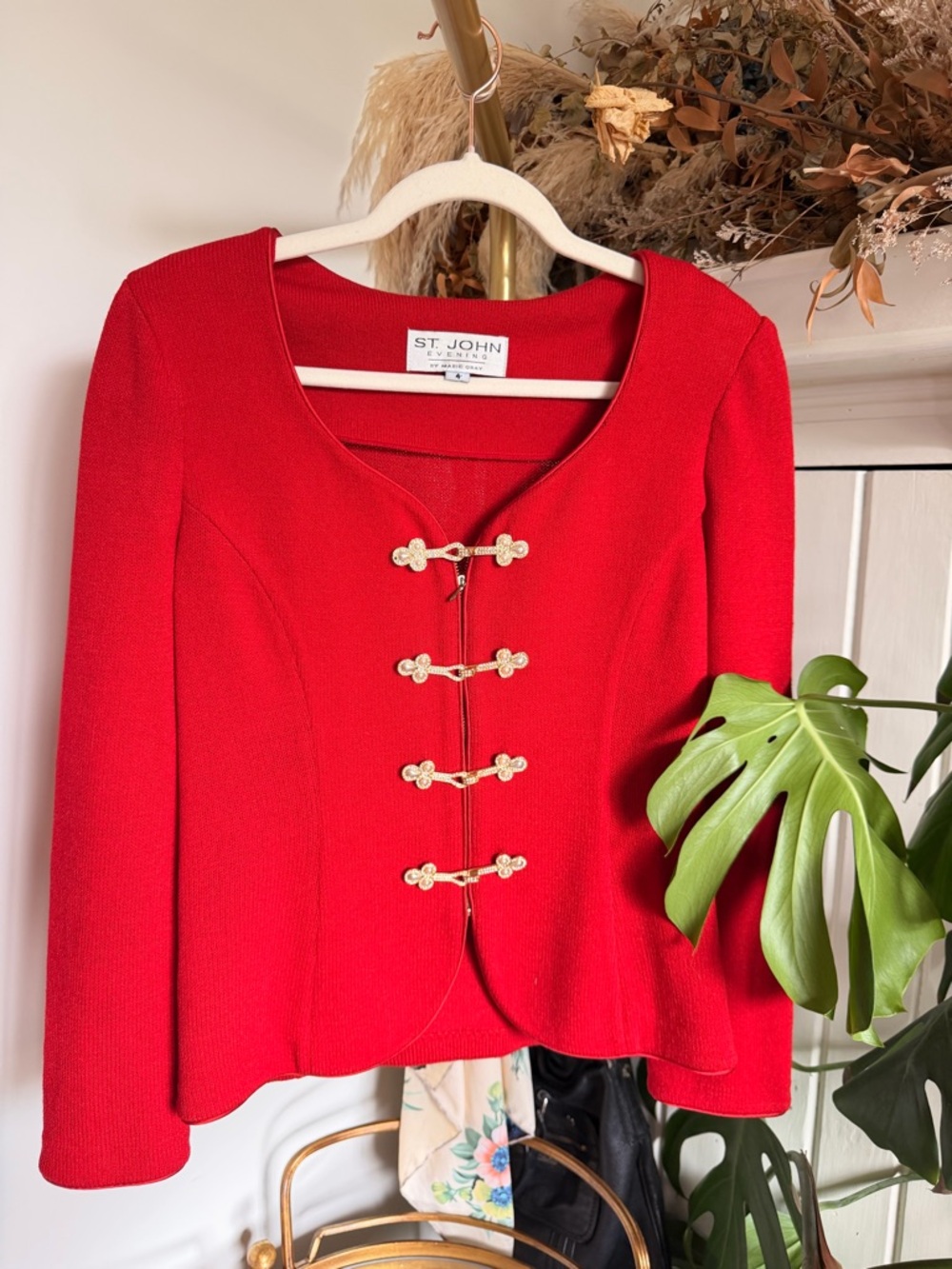 St. John Red Knit Jacket with Gold-Tone Frog Closures